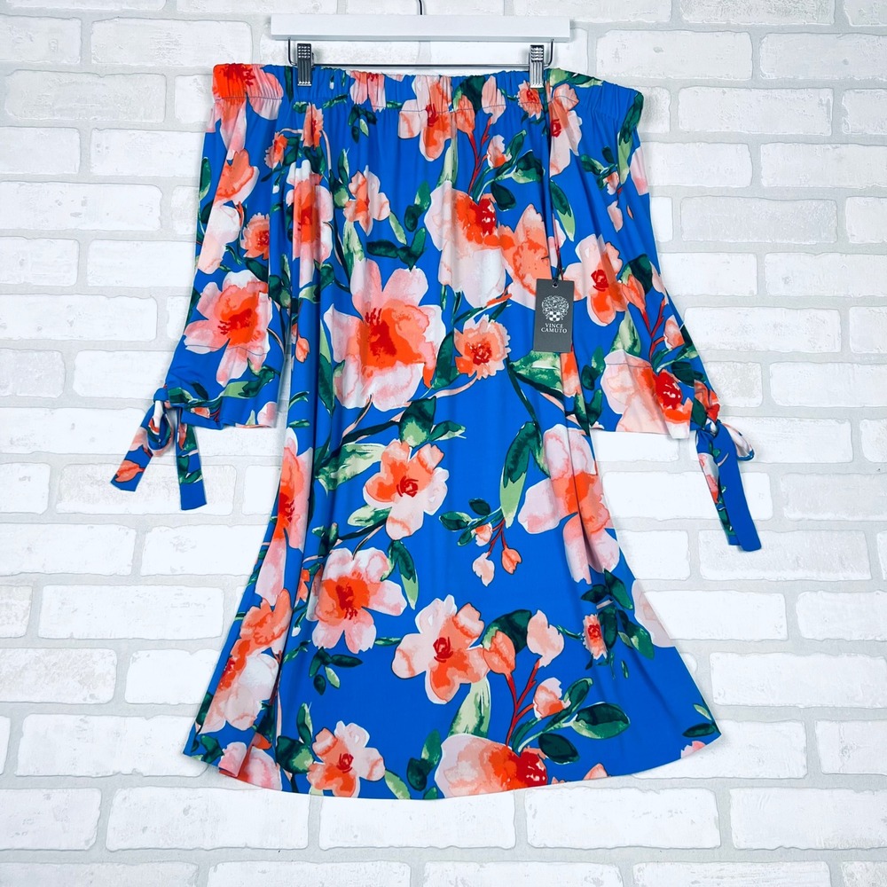 Vince Camuto Blue Floral Off The Shoulder Tie Sleeve Shift Dress 14 VC0M1489 NEW